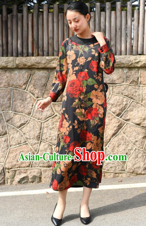 Chinese Traditional Printing Roses Qipao Dress Costume National Young Lady Black Silk Cheongsam Chinese Traditional Printing Roses Qipao Dress Costume National Young Lady Black Silk Cheongsam