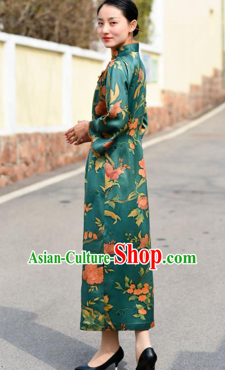Chinese Traditional Green Silk Qipao Dress Costume National Young Lady Stand Collar Cheongsam Chinese Traditional Green Silk Qipao Dress Costume National Young Lady Stand Collar Cheongsam