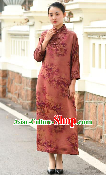 Chinese Traditional Printing Flowers Qipao Dress Costume National Young Lady Brown Cheongsam Chinese Traditional Printing Flowers Qipao Dress Costume National Young Lady Brown Cheongsam