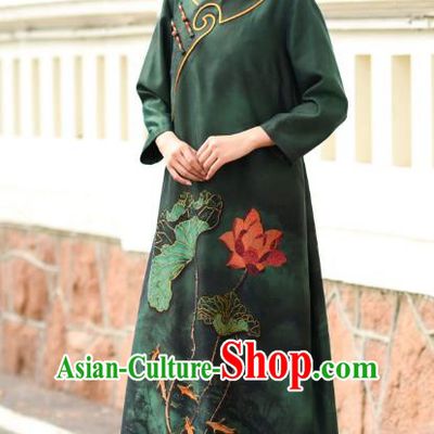 Chinese Traditional Printing Lotus Qipao Dress Costume National Young Lady Deep Green Silk Cheongsam