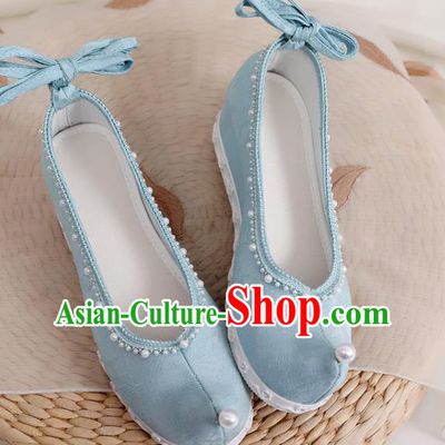China National Blue Cloth Bow Shoes Traditional Ming Dynasty Princess Shoes Handmade Hanfu Pearls Shoes