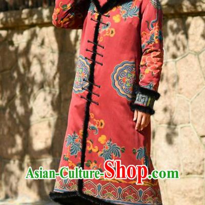 China Traditional Red Cotton Wadded Coat National Woman Outer Garment Clothing Tang Suit Greatcoat