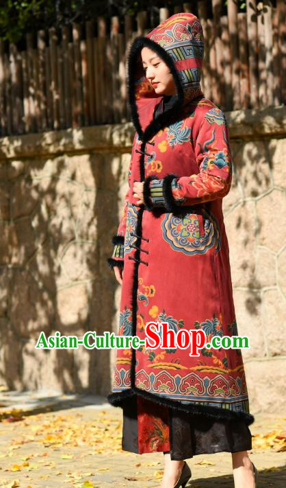 China Traditional Red Cotton Wadded Coat National Woman Outer Garment Clothing Tang Suit Greatcoat China Traditional Red Cotton Wadded Coat National Woman Outer Garment Clothing Tang Suit Greatcoat