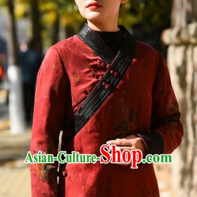 China National Woman Outer Garment Clothing Tang Suit Greatcoat Traditional Red Silk Cotton Wadded Jacket