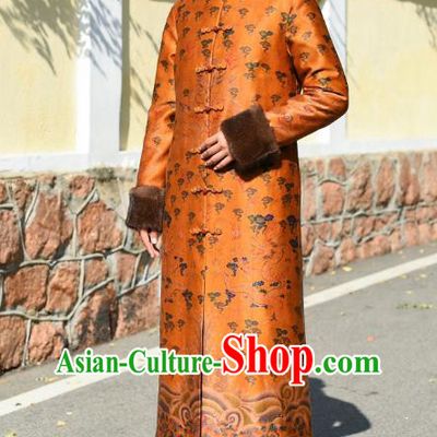 China Traditional Cotton Wadded Coat National Woman Outer Garment Clothing Tang Suit Orange Silk Greatcoat
