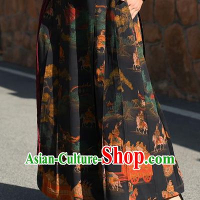 China National Gambiered Guangdong Gauze Skirt Traditional Woman Printing Black Silk Skirt Costume