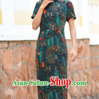 Chinese Traditional Deep Green Silk Qipao Dress Costume National Young Lady Cheongsam