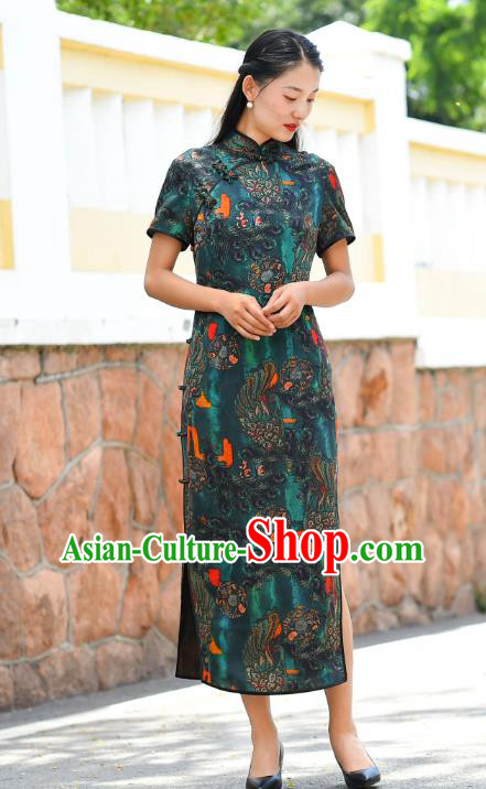 Chinese Traditional Deep Green Silk Qipao Dress Costume National Young Lady Cheongsam Chinese Traditional Deep Green Silk Qipao Dress Costume National Young Lady Cheongsam