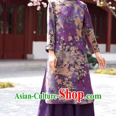 Chinese Traditional Printing Mangnolia Qipao Dress Costume National Young Lady Purple Silk Cheongsam