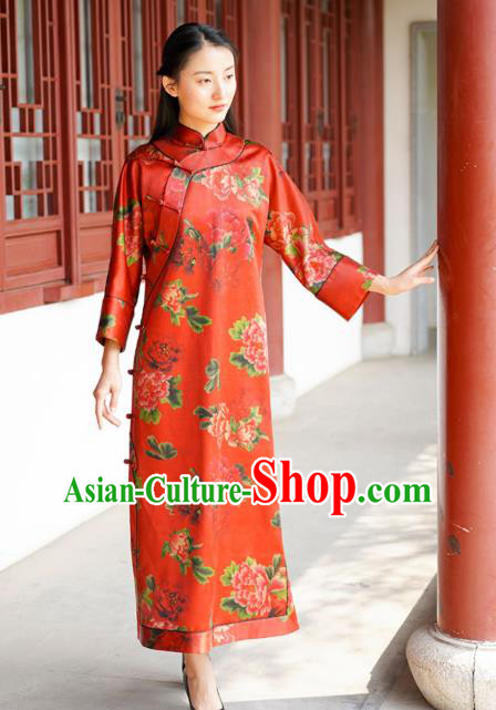 Chinese Traditional Red Silk Qipao Dress Costume National Young Lady Printing Peony Cheongsam Chinese Traditional Red Silk Qipao Dress Costume National Young Lady Printing Peony Cheongsam