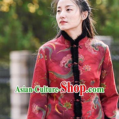 China Traditional Cotton Wadded Jacket National Woman Outer Garment Clothing Tang Suit Red Silk Overcoat