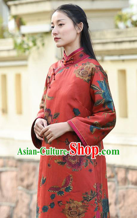 Chinese Traditional Printing Red Qipao Dress Costume National Young Lady Cotton Wadded Cheongsam Chinese Traditional Printing Red Qipao Dress Costume National Young Lady Cotton Wadded Cheongsam