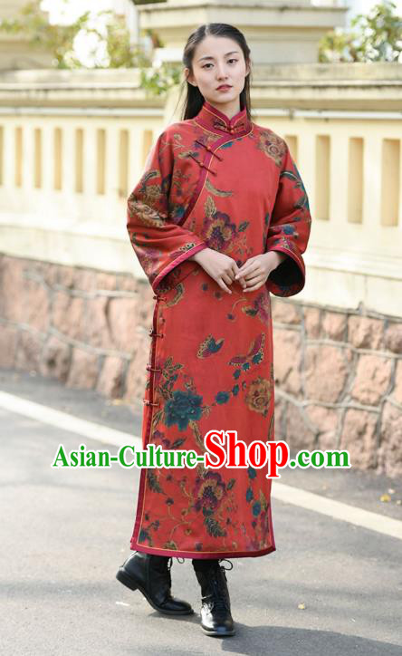 Chinese Traditional Printing Red Qipao Dress Costume National Young Lady Cotton Wadded Cheongsam Chinese Traditional Printing Red Qipao Dress Costume National Young Lady Cotton Wadded Cheongsam