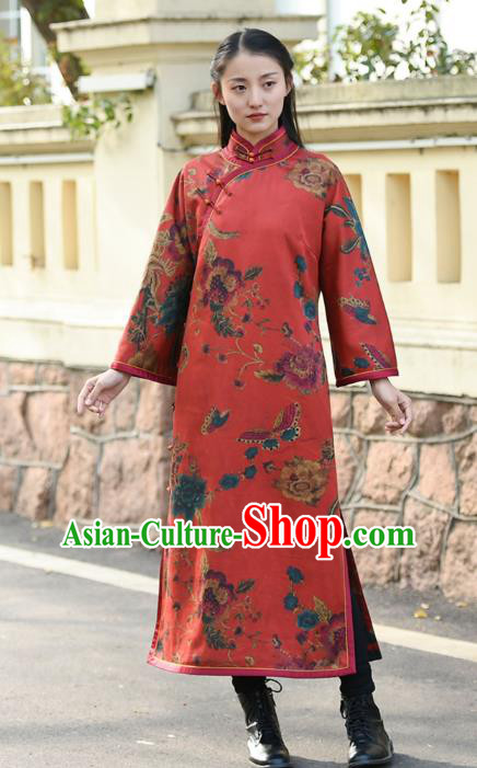 Chinese Traditional Printing Red Qipao Dress Costume National Young Lady Cotton Wadded Cheongsam Chinese Traditional Printing Red Qipao Dress Costume National Young Lady Cotton Wadded Cheongsam