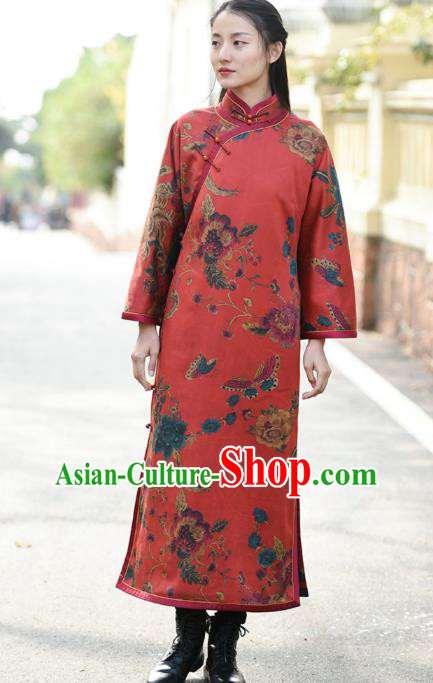 Chinese Traditional Printing Red Qipao Dress Costume National Young Lady Cotton Wadded Cheongsam Chinese Traditional Printing Red Qipao Dress Costume National Young Lady Cotton Wadded Cheongsam