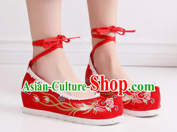 China Traditional Wedding Pearls Shoes National Embroidered Phoenix Peony Shoes Handmade Red Satin Shoes China Traditional Wedding Pearls Shoes National Embroidered Phoenix Peony Shoes Handmade Red Satin Shoes