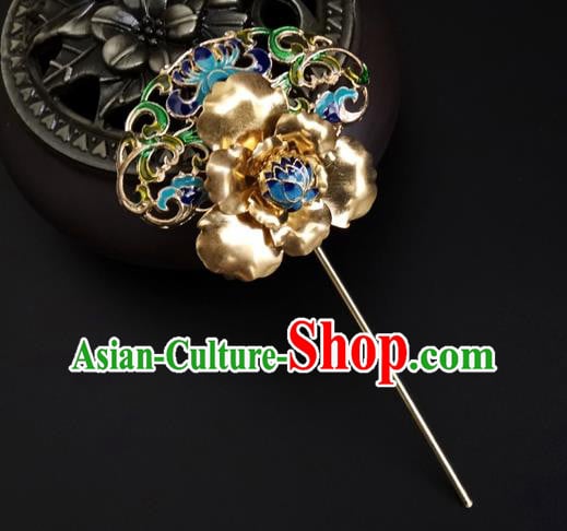 China Ancient Imperial Concubine Golden Peony Hairpin Traditional Qing Dynasty Court Cloisonne Hair Stick China Ancient Imperial Concubine Golden Peony Hairpin Traditional Qing Dynasty Court Cloisonne Hair Stick