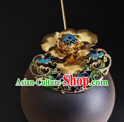 China Ancient Imperial Concubine Golden Peony Hairpin Traditional Qing Dynasty Court Cloisonne Hair Stick China Ancient Imperial Concubine Golden Peony Hairpin Traditional Qing Dynasty Court Cloisonne Hair Stick