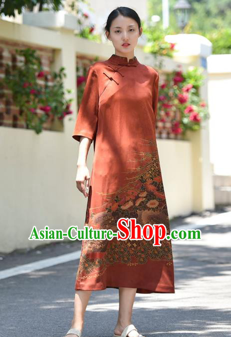 Chinese Traditional Gambiered Guangdong Gauze Qipao Dress Costume National Young Lady Printing Red Cheongsam Chinese Traditional Gambiered Guangdong Gauze Qipao Dress Costume National Young Lady Printing Red Cheongsam