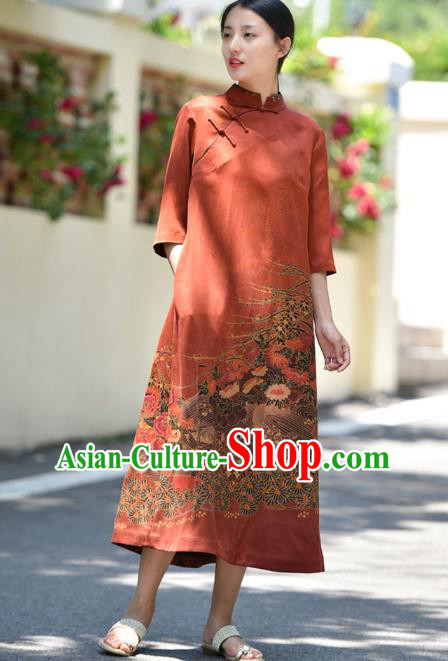 Chinese Traditional Gambiered Guangdong Gauze Qipao Dress Costume National Young Lady Printing Red Cheongsam Chinese Traditional Gambiered Guangdong Gauze Qipao Dress Costume National Young Lady Printing Red Cheongsam