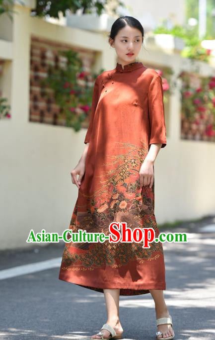 Chinese Traditional Gambiered Guangdong Gauze Qipao Dress Costume National Young Lady Printing Red Cheongsam Chinese Traditional Gambiered Guangdong Gauze Qipao Dress Costume National Young Lady Printing Red Cheongsam