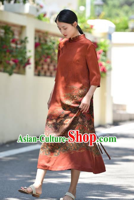 Chinese Traditional Gambiered Guangdong Gauze Qipao Dress Costume National Young Lady Printing Red Cheongsam Chinese Traditional Gambiered Guangdong Gauze Qipao Dress Costume National Young Lady Printing Red Cheongsam