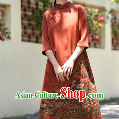Chinese Traditional Gambiered Guangdong Gauze Qipao Dress Costume National Young Lady Printing Red Cheongsam