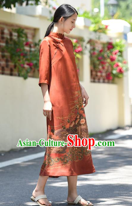 Chinese Traditional Gambiered Guangdong Gauze Qipao Dress Costume National Young Lady Printing Red Cheongsam Chinese Traditional Gambiered Guangdong Gauze Qipao Dress Costume National Young Lady Printing Red Cheongsam