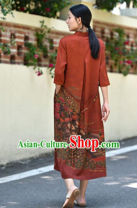 Chinese Traditional Gambiered Guangdong Gauze Qipao Dress Costume National Young Lady Printing Red Cheongsam Chinese Traditional Gambiered Guangdong Gauze Qipao Dress Costume National Young Lady Printing Red Cheongsam