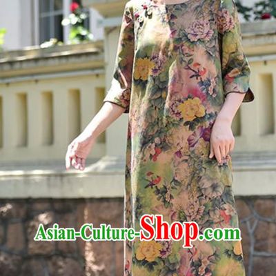 Chinese Traditional Printing Peony Qipao Dress Costume National Young Lady Light Green Cheongsam