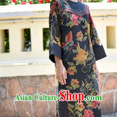 Chinese Traditional Printing Butterfly Peony Qipao Dress Costume National Young Lady Slant Opening Cheongsam