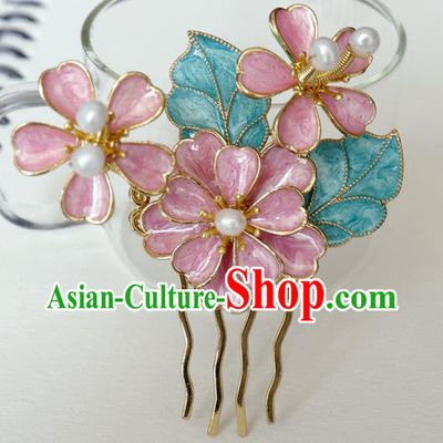 China Ancient Empress Hairpin Traditional Qing Dynasty Court Pink Peach Blossom Hair Comb
