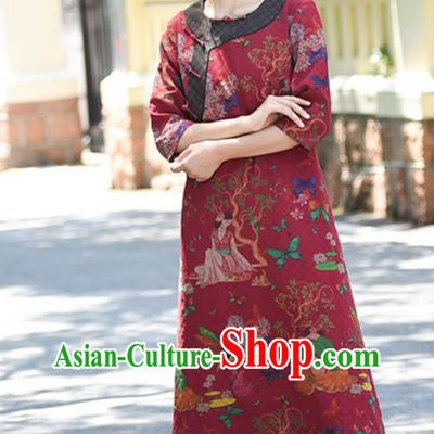 Chinese Traditional Slant Opening Qipao Dress Costume National Young Lady Printing Red Silk Cheongsam