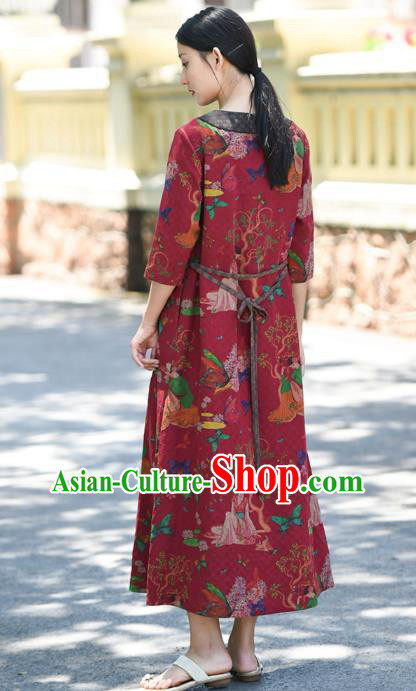 Chinese Traditional Slant Opening Qipao Dress Costume National Young Lady Printing Red Silk Cheongsam Chinese Traditional Slant Opening Qipao Dress Costume National Young Lady Printing Red Silk Cheongsam
