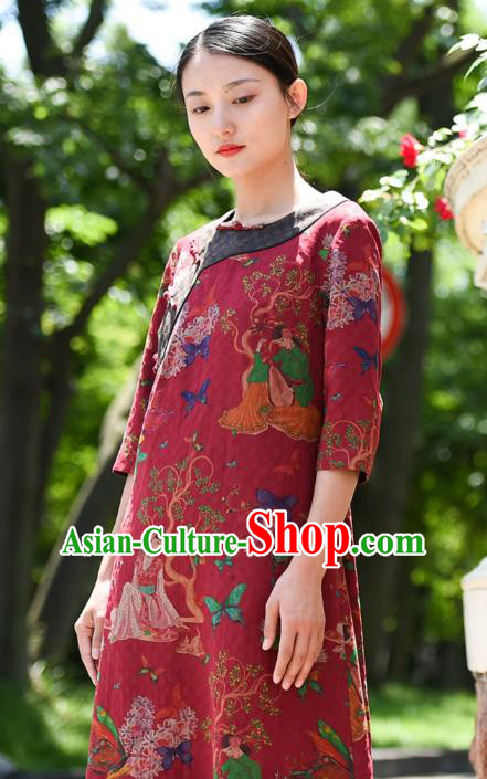 Chinese Traditional Slant Opening Qipao Dress Costume National Young Lady Printing Red Silk Cheongsam Chinese Traditional Slant Opening Qipao Dress Costume National Young Lady Printing Red Silk Cheongsam