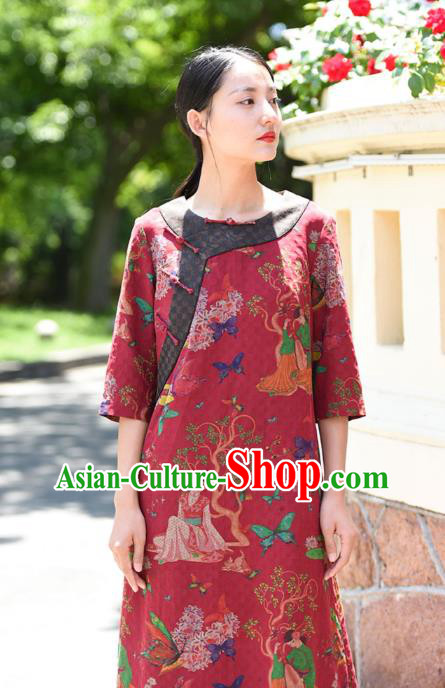 Chinese Traditional Slant Opening Qipao Dress Costume National Young Lady Printing Red Silk Cheongsam Chinese Traditional Slant Opening Qipao Dress Costume National Young Lady Printing Red Silk Cheongsam