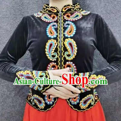 China Traditional Uygur Nationality Dance Shirt Ethnic Woman Clothing Xinjiang Performance Black Velvet Blouse