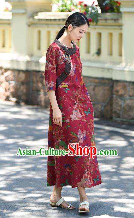 Chinese Traditional Slant Opening Qipao Dress Costume National Young Lady Printing Red Silk Cheongsam Chinese Traditional Slant Opening Qipao Dress Costume National Young Lady Printing Red Silk Cheongsam