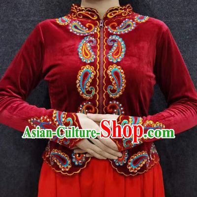 China Traditional Uygur Nationality Upper Outer Garment Ethnic Folk Dance Clothing Xinjiang Woman Red Velvet Blouse