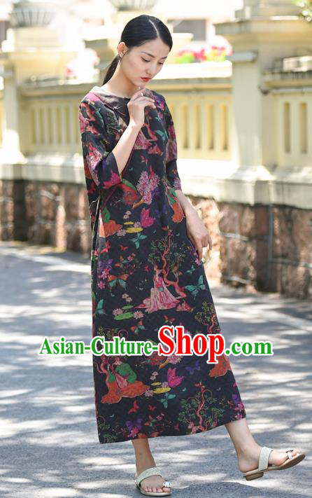 Chinese Traditional Qipao Dress Costume National Young Lady Printing Navy Silk Cheongsam Chinese Traditional Qipao Dress Costume National Young Lady Printing Navy Silk Cheongsam