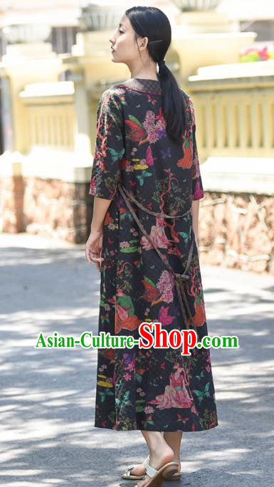Chinese Traditional Qipao Dress Costume National Young Lady Printing Navy Silk Cheongsam Chinese Traditional Qipao Dress Costume National Young Lady Printing Navy Silk Cheongsam