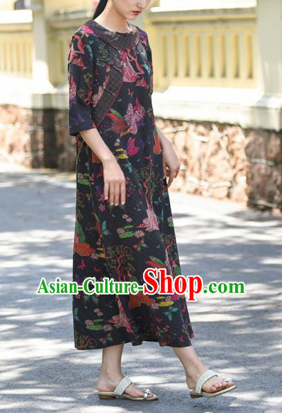 Chinese Traditional Qipao Dress Costume National Young Lady Printing Navy Silk Cheongsam Chinese Traditional Qipao Dress Costume National Young Lady Printing Navy Silk Cheongsam