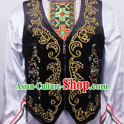 Chinese Xinjiang Male Dance Stage Performance Costumes Uygur Ethnic Folk Dance Black Embroidered Vest