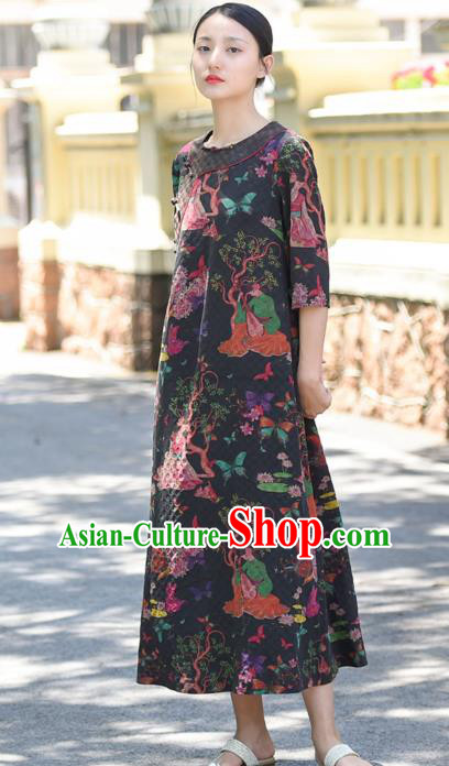 Chinese Traditional Qipao Dress Costume National Young Lady Printing Navy Silk Cheongsam Chinese Traditional Qipao Dress Costume National Young Lady Printing Navy Silk Cheongsam