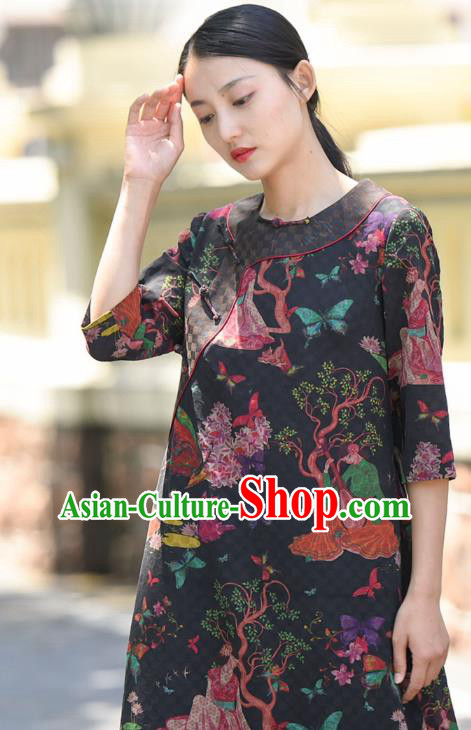Chinese Traditional Qipao Dress Costume National Young Lady Printing Navy Silk Cheongsam Chinese Traditional Qipao Dress Costume National Young Lady Printing Navy Silk Cheongsam