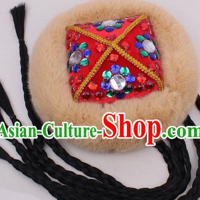 Chinese Xinjiang Ethnic Woman Braid Headwear Traditional Uygur Nationality Performance Fur Red Hat