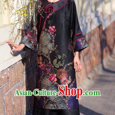 Chinese Traditional Wide Sleeve Qipao Dress Costume National Young Lady Black Silk Cheongsam