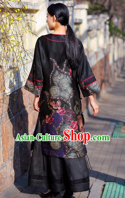 Chinese Traditional Wide Sleeve Qipao Dress Costume National Young Lady Black Silk Cheongsam Chinese Traditional Wide Sleeve Qipao Dress Costume National Young Lady Black Silk Cheongsam