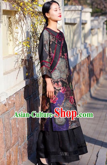 Chinese Traditional Wide Sleeve Qipao Dress Costume National Young Lady Black Silk Cheongsam Chinese Traditional Wide Sleeve Qipao Dress Costume National Young Lady Black Silk Cheongsam