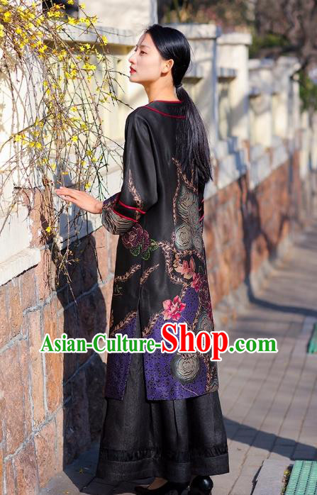 Chinese Traditional Wide Sleeve Qipao Dress Costume National Young Lady Black Silk Cheongsam Chinese Traditional Wide Sleeve Qipao Dress Costume National Young Lady Black Silk Cheongsam